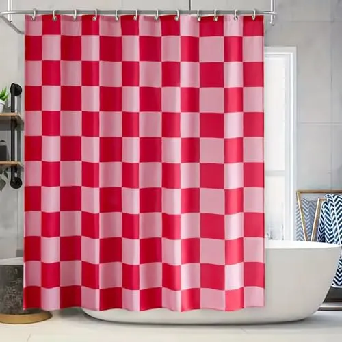 Duschvorhang 180×200cm - Karierter Badevorhang Retro Schachbrett Shower Curtain Polyester Textil Vorhang Anti Schimmel Wasserdichter Schnelltrocknend Waschbar für Badewanne mit 12 Haken (Rot & Pink)