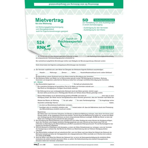 RNK Mietvertrag 4x2BL SD 10ST - Universell einsetzbarer Mietvertrag - Register für Mietverträge, ideal für Vermieter und Mieter mit 10 Standardformularen für eine einfache Vertragsabwicklung.