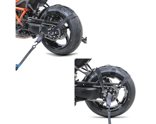 ConStands Motorradheber Set mit Zurrgurt und Ratschenspanngurten - Praktisches Set für den sicheren Motorradtransport. Enthält 2 Hinterrad-Zurrgurte und 4 Ratschenspanngurte für eine einfache Fixierung. Ideal für Transport auf Anhängern oder in Transportern.