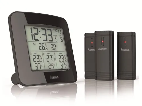 HAMA Funk-Wetterstation EWS Trio, schwarz 00186311 - Wetterstation mit 3 Sensoren zur Überwachung mehrerer Räume. Anzeige von Temperatur, Luftfeuchtigkeit und Uhrzeit. Ideal für präzises Raumklima-Management.