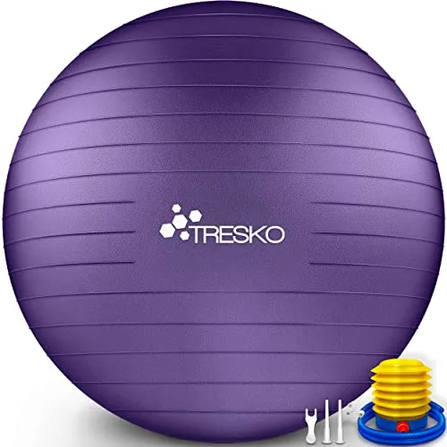 Tresko Gymnastikball Anti-Burst 75cm, lila mit Pumpe - Gymnastikball Ø 75cm, bis 300kg belastbar. Ideal für Kräftigungs- und Reha-Übungen sowie als gesunde Sitzgelegenheit. Inkl. Übungsposter und Luftpumpe.