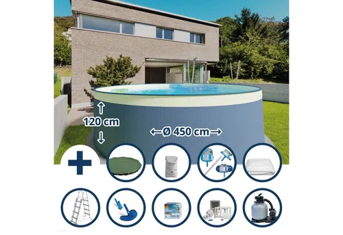 Waterman Rundpool Stahlwandpool Set (10-teilig) hoch rund 450 x 120 (Komplett-Set, 1-tlg), verzinkte Stahlwand
