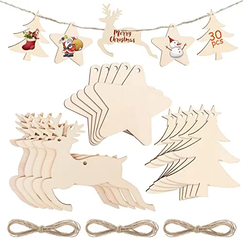 Stück Holz Weihnachtsbaum Deko zum Aufhängen, Weihnachten Holzanhänger zum DIY Basteln Bemalen für Weihnachtsschmuck Geschenkanhänger (Weihnachtsbaum, Stern, Hirsch) 30