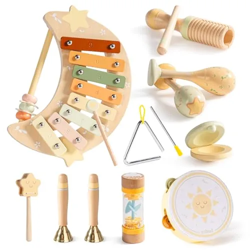 ROBUD Kinder Musikinstrumente Holz, Montessori Sensorik Spielzeug für Kinder ab 1-2-3 Jahren Musikspielzeug mit Xylophon, Tamburin, Klangstab, Maraca, 11-teiliges Geschenk Mädchen Jungen ab 10 Monate