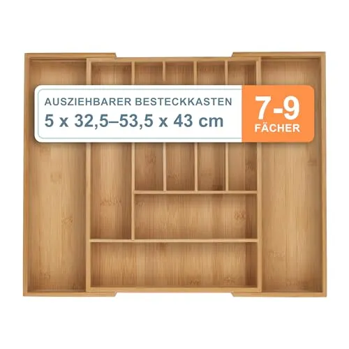 Relaxdays Besteckkasten aus Bambus, 7–9 Fächer, ausziehbar