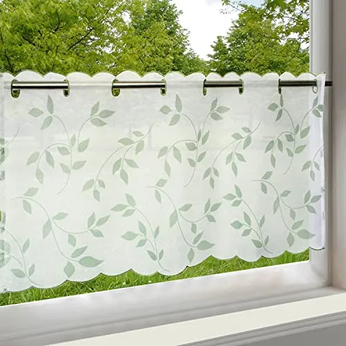 Delindo Lifestyle Scheibengardine Blätter für die Küche, grün weiße Bistrogardine für das Küchenfenster, Moderne und transparente Gardine für den Frühling und Sommer, 45x85 cm