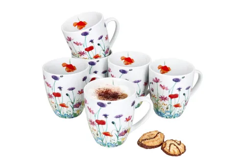 Marie Kaffeebecher Set 320ml - 6 bunte Porzellan-Tassen mit Mohnblüte - Thermobehälter mit fröhlichem Blumen-Dekor, ideal für Tee und Kaffee. Spülmaschinen- und mikrowellengeeignet, perfekt für Frühstück und Kaffeerunden.