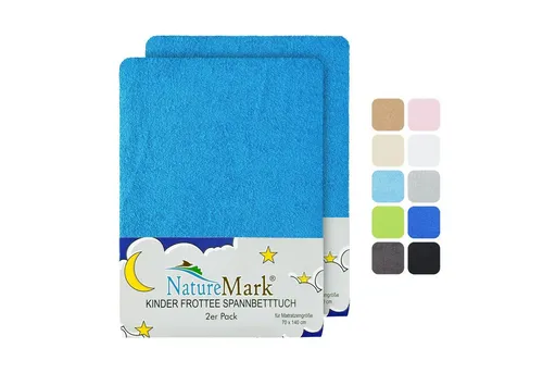NatureMark Spannbettlaken Frottee Spannbettlaken, 80% Baumwolle / 20% Polyester, Gummizug: rundum, (2 Stück), 2er Set Kinder Spannbettlaken Frottee, Spannbetttuch 80% Baumwolle / 20% Polyester, für Babybett und Kinderbett, 70x140 cm - Türkis