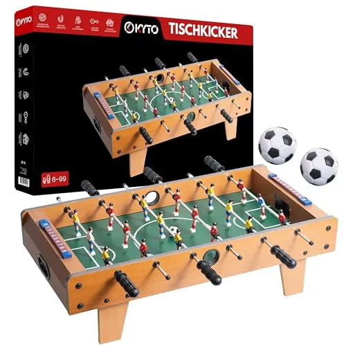Kyto Tischkicker für Kinder und Erwachsene - Tischfußballtisch 70x35cm aus Holz, ideal für spannende Matches und gesellige Runden, platzsparend und leicht zu transportieren.