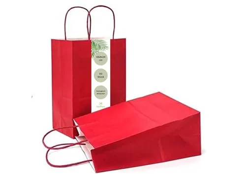 DeinPack Papiertüten aus Kraftpapier - 50 rote Geschenktüten mit Henkel - Geschenktaschen aus 100GSM Kraftpapier, extra stark und wiederverwendbar. Ideal für kreative DIY-Gestaltung und vielseitige Anwendungen bei Feiern und Events.