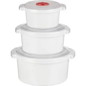 Kigima Mikrowellengeschirr Koch-Topf, weiß, aus Kunststoff, Dosen rund, mit Dampfventil, 0,5 / 1 / 2 Liter, Set, 3-teilig