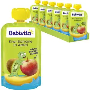Bebivita Fruchtpüree Kiwi Banane in Apfel,100% Frucht, Kiwi, Banane und Apfel, je 120 g, 6 Stück