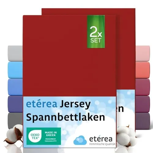 etérea Jersey 2er Set Spannbettlaken 180x200cm - 200x200cm Kirsche bis 25 cm Höhe - 100% Baumwolle Spannbetttuch Oekotex - Doppelpack Bettlaken 180x200 cm - 200x200 cm - Rot
