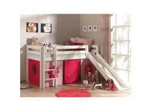 Hochbett mit Rutsche Pino - Spielbett für Kinder in Weiß/Pink Flower - Betten & Bettgestelle: Das Hochbett Pino bietet eine aufregende Rutsche und ein individuelles Design, ideal für kreative Kinderzimmer!