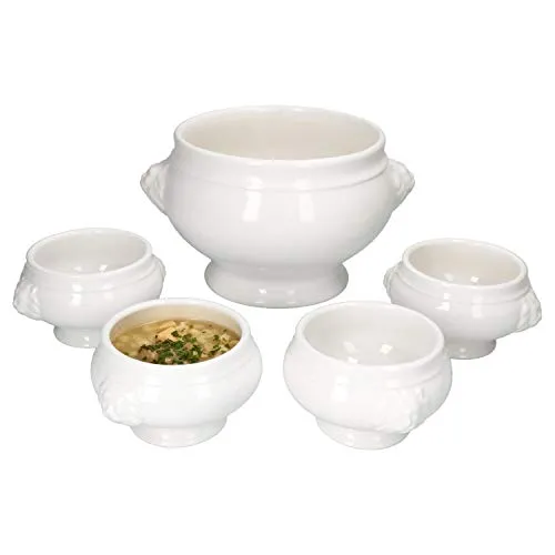 MamboCat Suppenschüssel LEO Löwenkopf-Terrinen Set 7-tlg. mit Deckel 3L + 6x 0,45L - Elegantes 7-teiliges Steingut-Terrinen Set mit königlicher Löwenkopf-Verzierung. Ideal für die stilvolle Präsentation von Suppen, Eintöpfen und Desserts.