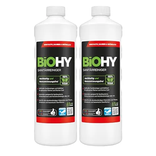 BiOHY Sanitärreiniger (2 x 1 liter) | Bio Kalklöser Konzentrat für den Sanitärbereich | EXTRA STARKER Badreiniger gegen Urin | befreit Dusche & WC von Kalk & Schmutz | frischer Erdbeer-Duft