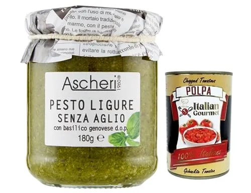 Ascheri 1960 Pesto Ligure Senza Aglio con Basilico Genovese,Pesto Sauce Ohne Knoblauch mit Genuesischem Basilikum d.o.p. Glas 180g + Italian Gourmet Polpa di Pomodoro 400g Dose