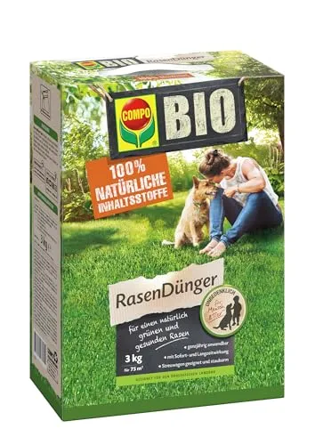 COMPO BIO Rasendünger, Naturdünger für Rasen, Natürliche Sofort- und Langzeitwirkung, Feingranulat, 3 kg, 75 m²