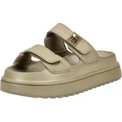 STEVE MADDEN Pantoletten aus Lederimitat in Oliv, 38 EU - Pantoletten in trendigem Oliv mit bequemem Klettverschluss und 3 cm Plateauabsatz - ideal für lässige Sommerlooks.