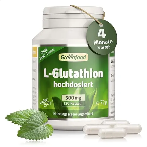 L-Glutathion, hochdosiert, 500mg - 120 Kapseln, vegan. Antioxidatives Nahrungsergänzungsmittel - mit hoher Bioverfügbarkeit. OHNE künstliche Zusätze - laborgeprüft. Von Greenfood.