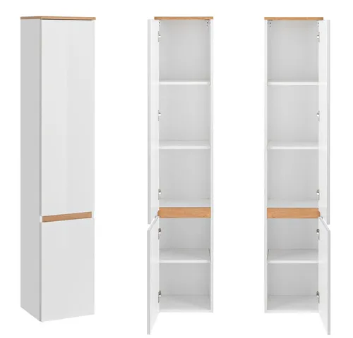 Lomadox Badezimmer Hochschrank in Hochglanz weiß & Wotaneiche - Hoch- & Midischrank fürs Bad, griffloses Design mit Soft-Close-Türen, ideal für stilvolle und funktionale Badezimmergestaltung.