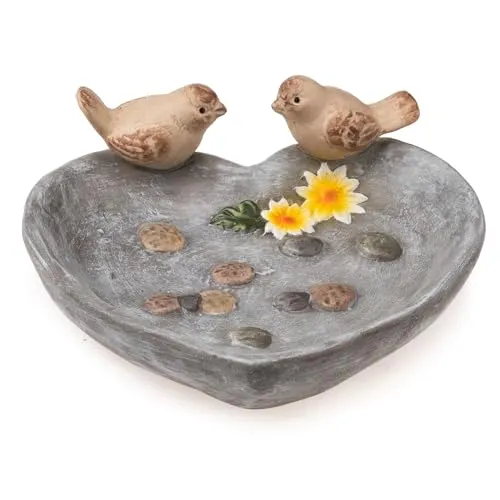 Annastore Vogeltränke Porzellan in Herzform mit 2 Vögeln Steindekor Gartendeko Vogelbad Balkon Terrasse Garten Deko (15 x 15 x 6 cm)