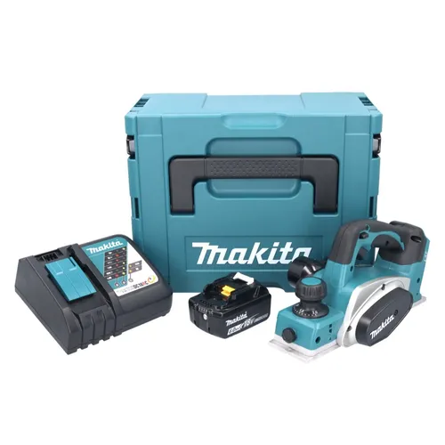Makita DKP 180 RG1J Akku Hobel 18 V - Elektrohobel mit 82 mm Schnittbreite, inklusive 6,0 Ah Akku und Ladegerät - ideal für kabelloses Arbeiten und präzise Oberflächenbearbeitung.