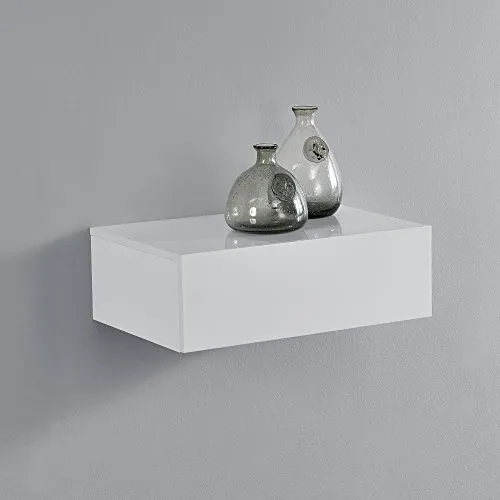 [en.casa] Wandregal Oslo mit Schublade Nachttisch schwebende Nachtkommode Hängeregal Wandboard Nachtkonsole 46x30x15cm Weiß Hochglanz
