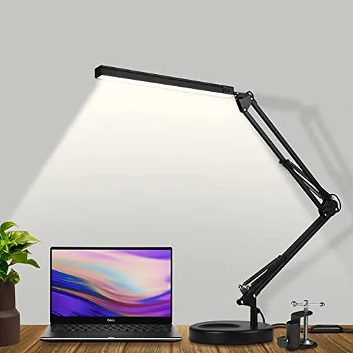 SKYLEO LED Schreibtischlampe mit Clip und Sockel Augenschutz Schreibtischlampen für Home Office Schwingen Arm Study Lampe 3 Lichtmodi x 10 Helligkeitsstufen USB-Anschluss 5V/2A Adapter Schwarz