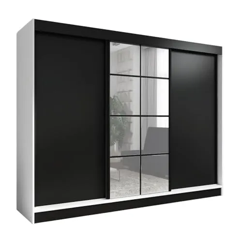 A&J MöbelLand Schwebetürenschrank ORAVELLE 3-türig mit Spiegel - Schwebetürenschrank mit 3 Türen und 4 Schubladen, bietet großzügigen Stauraum und eleganten Spiegel im schwarzen Rahmen. Ideal für Schlafzimmer und moderne Wohnräume.