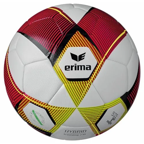 Erima Unisex Jugend HYBRID Training 2.0 Fußball, rot/Lime, 4 - Trainingsball mit Spielball-Qualität, langlebiges PU-Material, 3D-Struktur für besseres Ballgefühl, minimiert Wasseraufnahme – ideal für jedes Wetter.