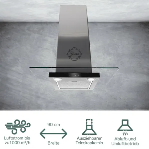 Gurari Dunstabzugshaube 90 cm GCH 466 IS Edelstahl-Schwarz - Hocheffiziente Wandhaube mit 1000m³/h, stilvolles Design in Edelstahl-Schwarz, ideal für moderne Küchen. Energieeffizienzklasse A für nachhaltigen Betrieb.