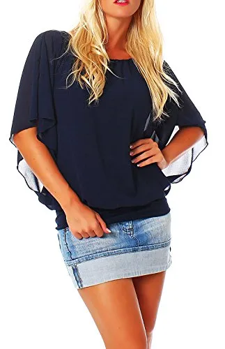 Malito Damen Bluse Fledermauslook – Elegantes Oversize Blusenshirt Dunkelblau - Blusen & Tuniken für Damen, stylisches Oversize Design mit breitem Bund für hohen Tragekomfort und vielseitige Kombinationsmöglichkeiten.