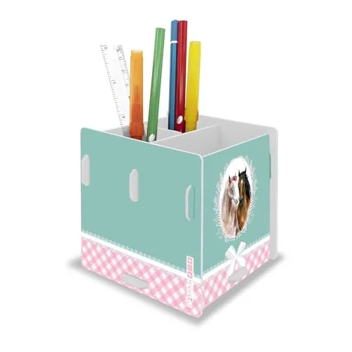 itenga Stifteköcher mit Motiv zum Zusammenstecken - 3 Fächer - Stiftehalter Kinder Schüler Schreibtisch Organizer Stiftebox - 10x 10 x 9,5cm (Motiv Pferde)