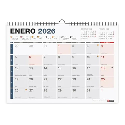Miquelrius Wandkalender 2026, A4-Jahresplaner, 296 x 210 mm, mit Notizfeld, Doppelspiralbindung, 12-Monatsplaner, Spanisch