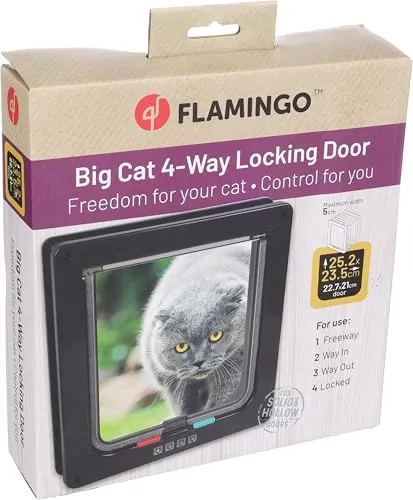 Flamingo Katzentür Vego 4-Wege Schwarz für große Katzen - Praktische Katzentür Vego 4-Wege in Schwarz für große Katzen. Flexibler Zugang dank 4-Wege-Verriegelung und geräuschloser Klappe. Einfache Montage für Hohltüren und Mauern bis 50 mm Dicke.