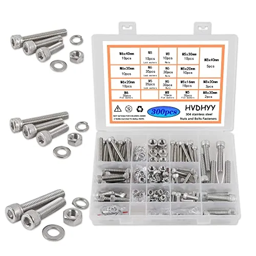 HVDHYY Zylinderschrauben mit Innensechskant M5 M6 M8 Schrauben set A2-70 Edelstahl-Sechskopf Maschinenschrauben,Muttern,Unterlegscheiben Sortiment Kit Hex Socket Button mit Aufbewahrungsbox 300pcs