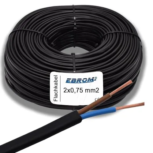EBROM Gerätekabel Flachkabel H03VVH2-F 2x0,75 mm² schwarz, Länge: 10 Meter