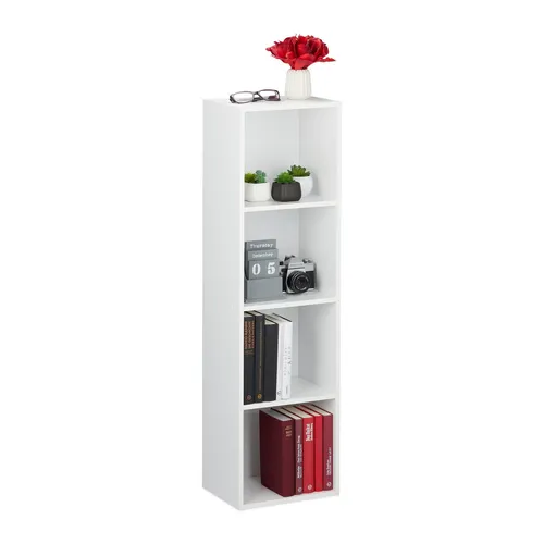 Bücherregal Weiß - Modernes Standregal mit 4 Fächern - Regal & Aufbewahrung, elegantes Design in Weiß, perfekt für kleine Räume mit nur 30 cm Breite und leichtem Gewicht von 7,2 kg.