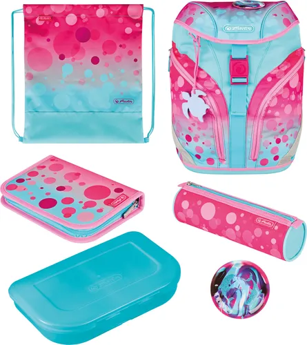 Herlitz Schulranzen-Set SoftLight Plus GREENline Pink Bubbles - 6-teiliges Schulranzen-Set für Grundschüler, ergonomisches Design mit IGR-zertifiziertem Rückensystem und stabiler Bodenplatte, ideal für einen sicheren Schulstart.