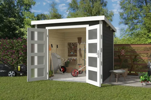 Gartenhaus Blockhaus Pultdach 28 mm Zambezi 5 grün - Gartenhaus mit Pultdach, 28 mm Wandstärke und abschließbarer Doppeltür. Ideal für sicheren Stauraum und entspannende Stunden im Garten. Nutzfläche von 7.2 m².
