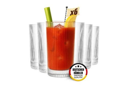 MUVELL Longdrinkglas 6er Set „France“ - 380 ml - Elegantes 6er Set Longdrinkgläser, spülmaschinenfest und stoßfest. Ideal für Latte Macchiato und andere Getränke. Mit feuerpolierter Oberfläche für besonderen Glanz.