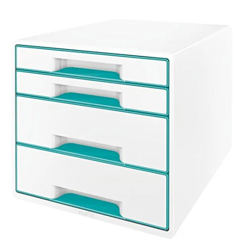 Leitz CUBE Schubladenbox mit 4 Schubladen, Weiß/Eisblau, A4, Inkl. transparentem Schubladeneinsatz, WOW, 52132036