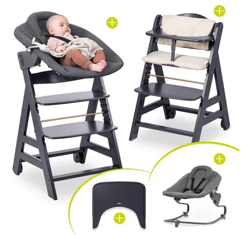 Hauck Beta Plus Dark Grey 5-tlg. Newborn Set - Vielseitiges Hochstuhl-Set für Neugeborene: inkl. Bouncer, Essbrett und Sicherheitsgurte. Wächst mit Deinem Kind bis 90 kg, aus hochwertigem europäischem Buchenholz. Komfortabel, sicher und nachhaltig!