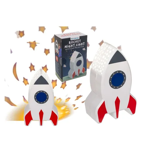 NACHTTISCHLEUCHTE LAMPE MIT STERNENPROJEKTOR RAKETE 15 CM NEU OVP