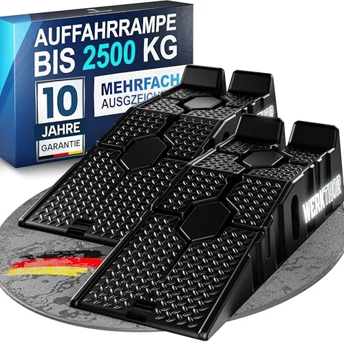 WERKTHOR Auffahrrampe PKW - 2er Set für bis zu 2,5T - Robuste Auffahrrampe für Fahrzeuge bis 2,5 Tonnen. Ideal für Wartungsarbeiten und gefertigt aus hochwertigem HDPE-Kunststoff. Die rutschfeste Oberfläche sorgt für maximale Sicherheit beim Auf- und Abfahren.