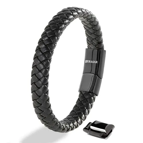 SERASAR Herren Lederarmband Schwarz 17cm - Armbänder für Herren, elegantes Design aus echtem Rindsleder mit poliertem Edelstahl und starkem Magnet-Verschluss, perfektes Geschenk in edler Schmuckschachtel.