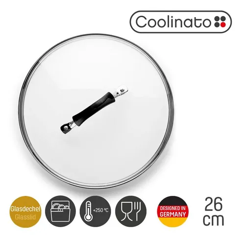 Coolinato Pfannendeckel Glasdeckel 26 cm - Hitzebeständig bis 250°C, mit praktischem Silikongriff für müheloses Kochen