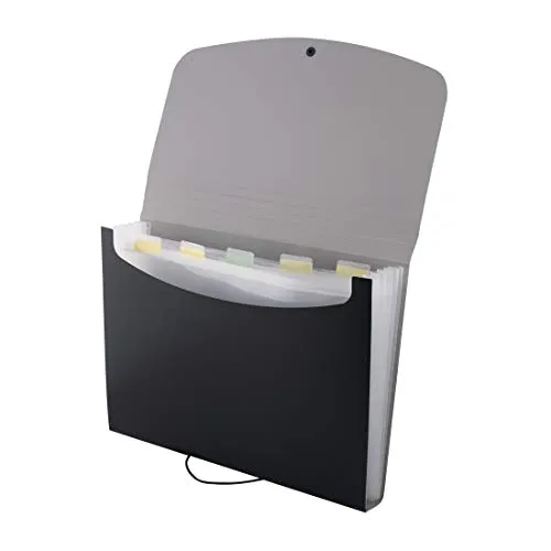 D.RECT 5566 Fächermappe Ordnungsmappe Erweiterbar Tragbar Aktenordner Dokumentenmappen, runder Gummizug mit Verschlussknopf, für Haus, Schule und Arbeitsreise 6 Fächer A4 Schwarz