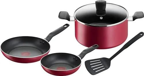 Tefal 5-teiliges Set Pfannen 20/24 + Kochtopf 24 cm + Deckel + Spatel, keine Induktion, Antihaftbeschichtung, Thermo-Signal-Wärmeanzeige, ergonomischer Griff, Super Cook B460S584